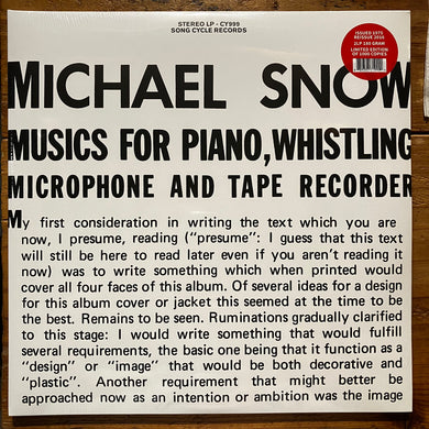 Michael Snow - Music For Piano, Whistling, Microphone And Tape Recorder (2LP)
